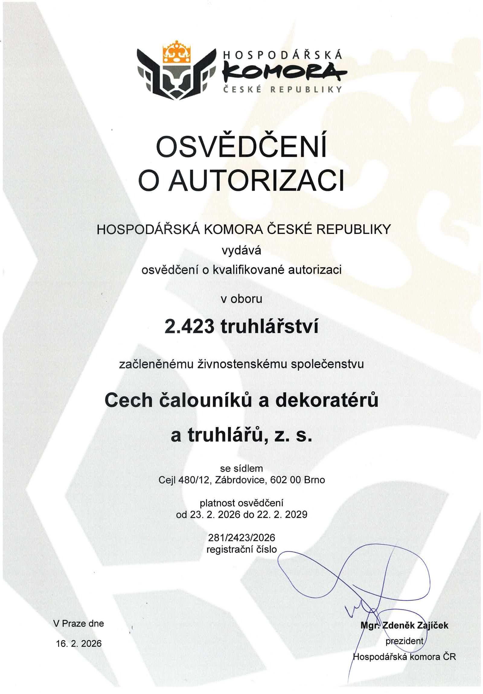 Osvědčení o autorizaci HK ČR - Truhlář